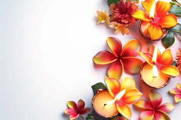 A group of candles surrounded by flowers on a white surface