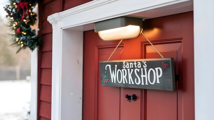 Red Christmas door with Santa's Workshop sign and snowy landscape