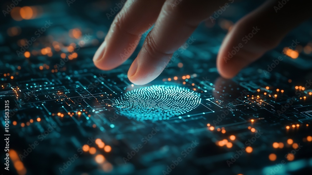Fototapete Fingerprint scan provides security access with biometrics identificationFuturistic Technology in smart business high efficiency using ai artificial intelligenceRPA5gbig dataiotvrLog4j : Generative AI