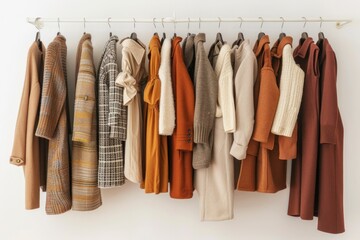A rack of clothing hangs on a white wall, ideal for use in fashion or interior design settings