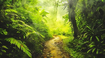 Fototapeta premium Lush, green foliage surrounding the hiking trails in Monteverde Cloud Forest, Costa Rica, captured in a vibrant digital art style