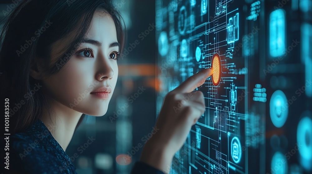 Fototapete Biometric security system identification businesswoman scanning fingerprint to access authentication personal financial data cyber security concept : Generative AI