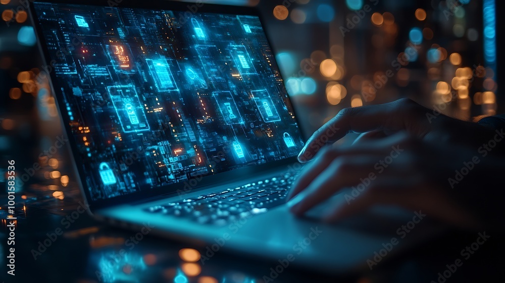 Fototapete Cyber security network Data protection concept Businessman using laptop computer with biometric identification on internet technology network with cloud computing and data management c : Generative AI