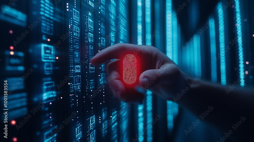 Poster Cyber security system and data protection concept Man using fingerprint scanning access data with data center as background biometric identity data encryption for network security of c : Generative AI
