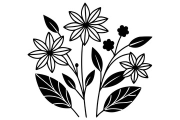 Elegant line drawings of plants with silhouette vector illustration