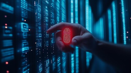 Cyber security system and data protection concept Man using fingerprint scanning access data with data center as background biometric identity data encryption for network security of c : Generative AI