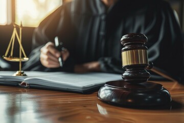 A courtroom scene with a judge seated at a desk, holding a gavel for judgment