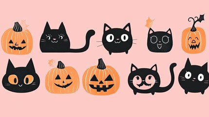 Cute, pastel Halloween characters like black cats and pumpkins with friendly expressions. Halloween background