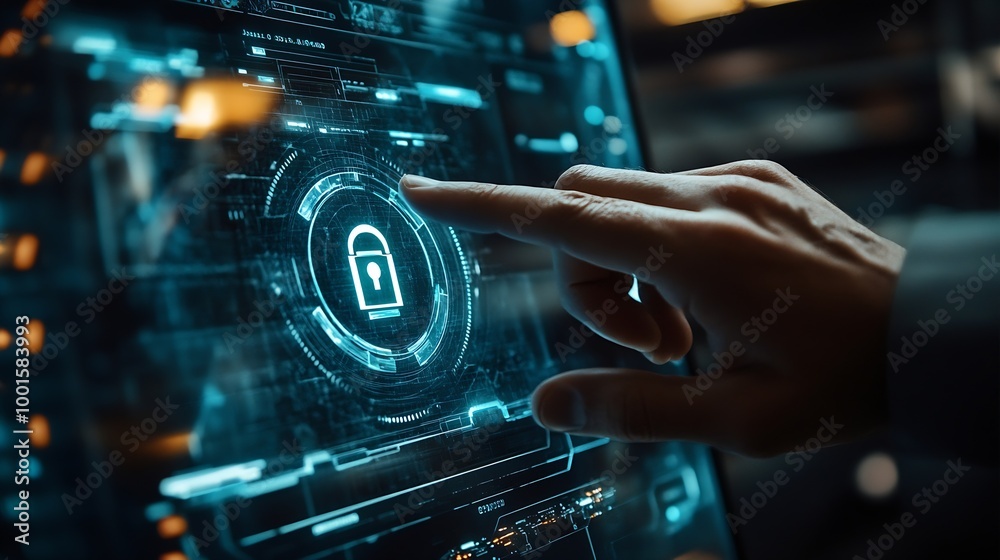 Poster Cyber security and data protection Businessman using  digital device protecting business data on network connection Security encryption of padlock and cybernetics Smart solution from c : Generative AI