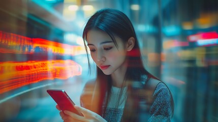 Business woman smartphone at office with motion blur and communication fast pace and busy with technology and wifi Chat email and social media female and speed with movement and mobile : Generative AI