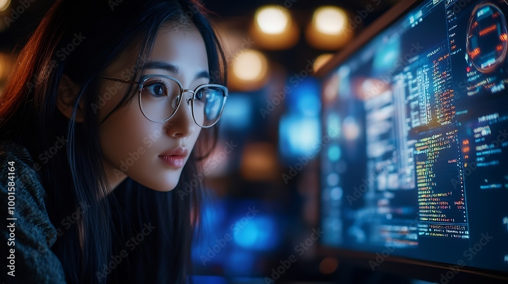 Aufkleber Female Asian Game Programmer Coding On Desktop Computer In Game Development Studio Diverse Office Focused Woman Writes Lines Of Code Does AI Engineering For New Immersive 3D Survival V : Generative AI