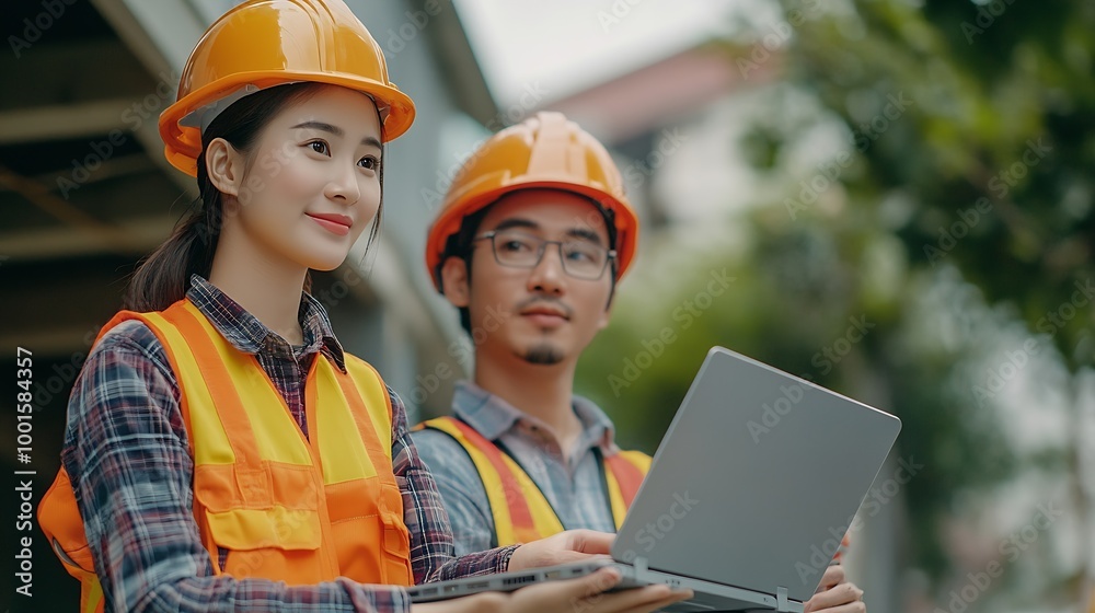 Aufkleber Professional Asian man and woman teamwork engineer and foreman using laptop working outdoor at construction site building rooftop Architecture inspector inspect building exterior struc : Generative AI