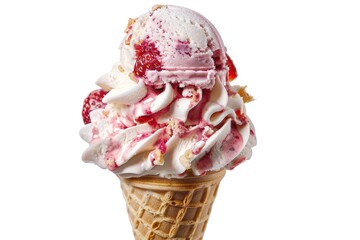 A delicious ice cream cone with a juicy strawberry on top