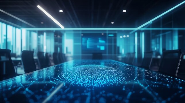 Image of viewfinder and thumbprint with connected dots over empty conference room Digital composite multiple exposure biometric security meeting office networking technology concept : Generative AI