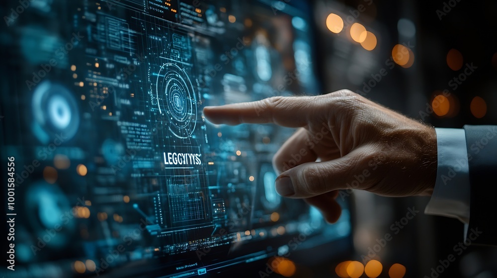 Aufkleber Businessman using virtual touch screen presses inscription LEGACY SYSTEM Legacy Systems Business Technology Interoperability Upgrade concept : Generative AI