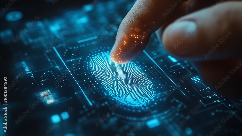 Leinwandbilder Man using thumb to scan finger print or for digital processing  biometric identification  to access  security system includes internet banking cloud system and mobile phone  Cyber secu : Generative AI
