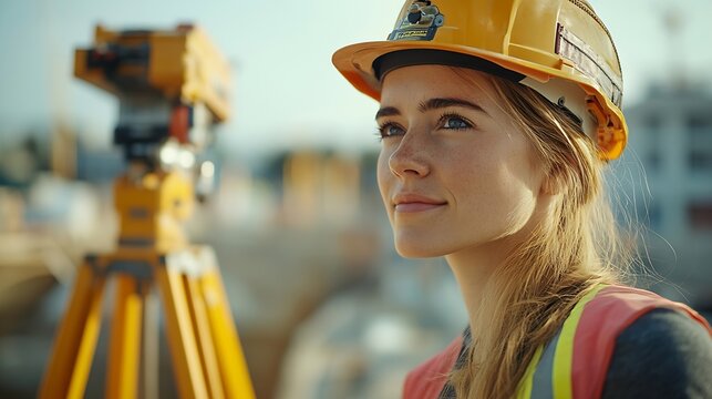 Female site engineer surveyor working with theodolite total station EDM equipment on a building construction site outdoors : Generative AI