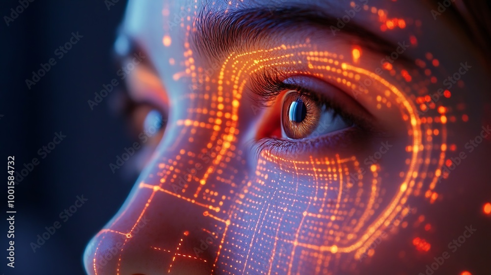 Poster Technological Scanning Biometric Facial Recognition Face Id Technological Scanning face of woman to identify and login for mobile phone user cyber security personal data protection con : Generative AI
