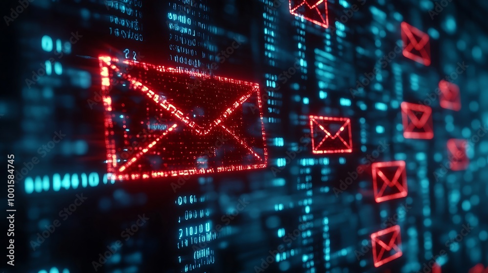 Fototapete Email security concept Security protection Email from spam virus and phishing Email fraud Scam mail virus alert hacker Check email notification junk and trash mail and compromised info : Generative AI