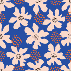 blue seamless vector stock flowers with leaves pattern on cream background