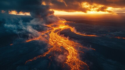 aerial view of a dramatic lava flow from Mount during the evening, highlighting the natural beauty and power of a volcanic eruption