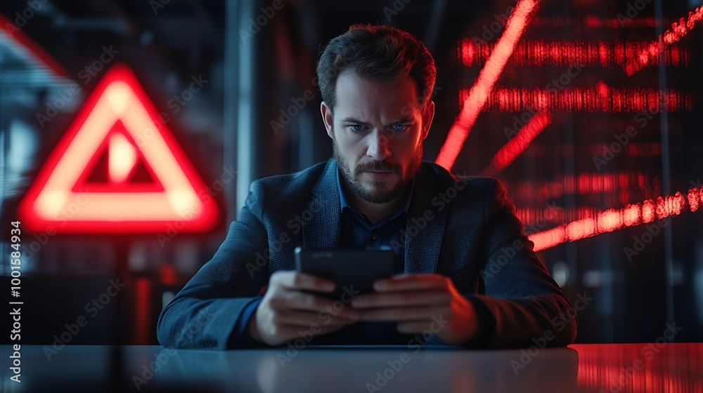 Aufkleber Business man using smartphone and computer that show warning sign after got attack phishing email by malware from hacker that commit cyber crime or software crash to cause an error : Generative AI