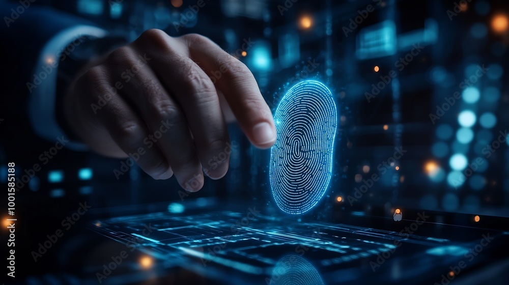 Poster Businessman using fingerprint indentification to access personal financial data Idea for Ekyc electronic know your customer biometrics security innovation technology against digital cy : Generative AI