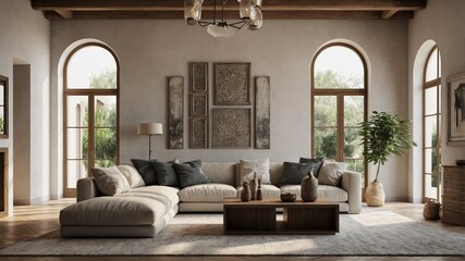 Cozy interior living room with wooden frame in wall. Poster frame mock-up in home interior background, living room in beige and brown colors with 3d render concept