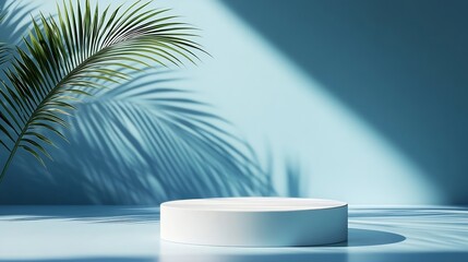 Fototapeta premium An elegantly simple white podium setup with the serene shadow of a palm leaf cast on a smooth blue background : Generative AI