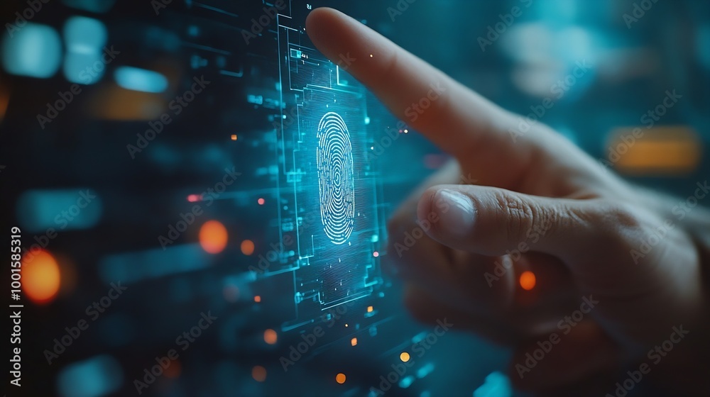 Poster Businessman using fingerprint indentification to access personal financial data biometrics security innovation technology against digital cybercrimeidentification and security scanning : Generative AI