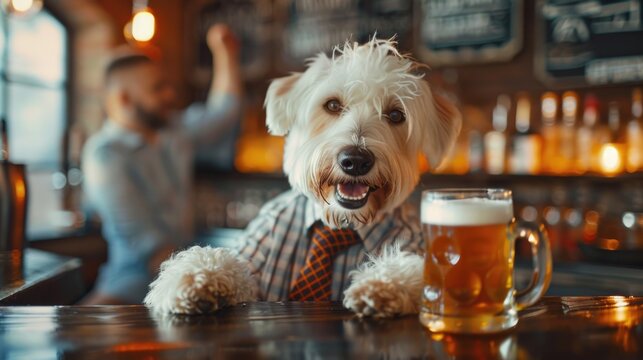 A dog sitting at a bar with a glass of beer, great for any occasion or event