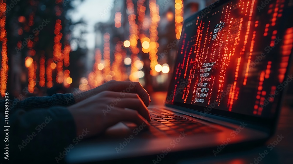 Poster Cyber crime security concept Hand using laptop show malware screen attach from email Hack steal password or personal data Hacker Virus Worm Trojan Adware Spyware and Ransomware awarene : Generative AI