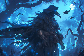 Obraz premium lone plague doctor in tattered robes standing among moonlit trees with glowing blue eyes and crows flying overhead in a dark forest