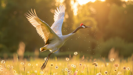 Red-crowned crane in flight over a green field