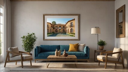 Cozy interior living room with wooden frame in wall. Poster frame mock-up in home interior background, living room in beige and brown colors with 3d render concept