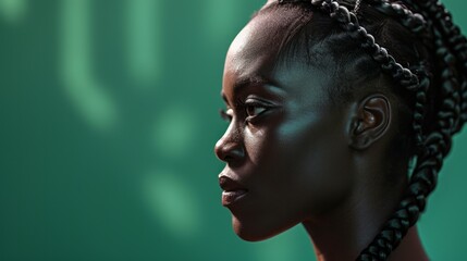 African black woman with beautiful braids on green background. Neural network ai generated art