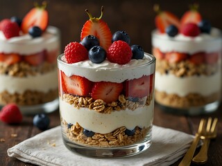 Fresh fruit parfait layered with yogurt and granola.