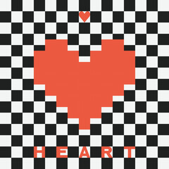 A Heart symbol. Vector Heart sign. Love symbol. Hearts. Pixel Heart. Check pattern. Checkered background.