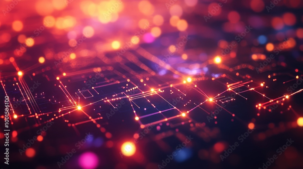 Poster high-tech abstract network with glowing nodes and interconnected luminous pathways