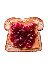 slice of bread with peanut butter and jelly spread on it, top view, isolated