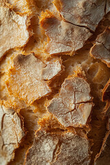 close-up of the crusty, golden-brown exterior of sourdough bread, showcasing its intricate textures...