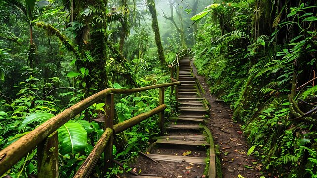 Lush, green foliage surrounds the numerous hiking trails in Monteverde Cloud Forest in Costa Rica