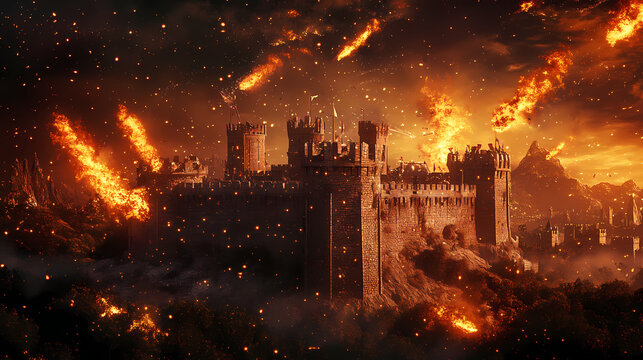 A medieval castle under siege with flaming arrows lighting up the night sky ai generated illustration. Medieval Castle Siege. Illustration
