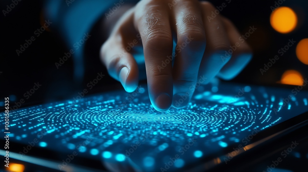 Aufkleber Businessman using tablet and fingerprint scanning unlock and access to business data network Biometric identification and cyber security protect business transaction from online digita : Generative AI