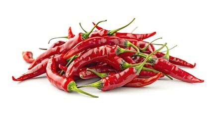 A collection of bright red chili peppers arranged on a clean white surface