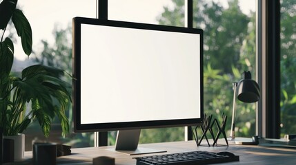 Computer monitor on a desk with a plant in the foreground