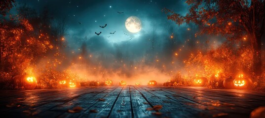 Fototapeta premium Foggy Forest with Halloween Decorations and Full Moon