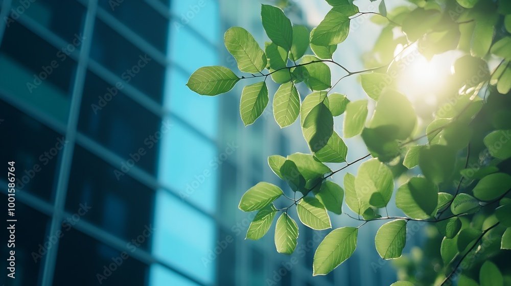 Poster ecofriendly building in the modern city green tree branches with leaves and sustainable glass buildi