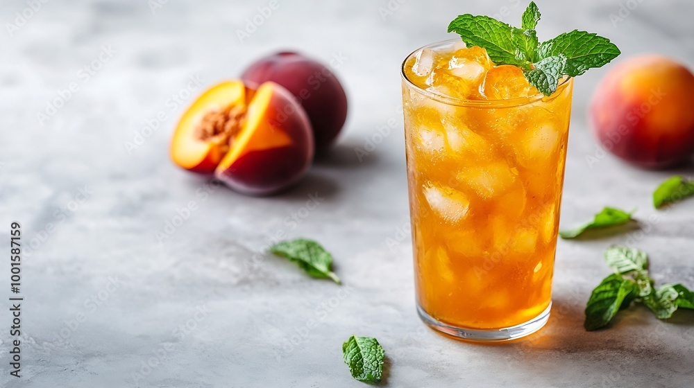 Poster refreshing peach iced mint tea the concept of a healthy homemade cold summer drink in a tall glass o
