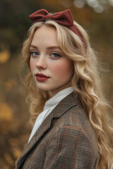 Naklejka premium beautiful blonde woman dressed in vintage attire, wearing a headband with a red bow, with her hair down and wavy, posing for an outdoor photoshoot in the autumn countryside. 